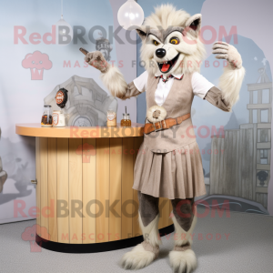 Beige Werewolf mascot costume character dressed with a Cocktail Dress and Berets