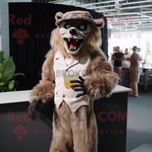 Beige Werewolf mascot costume character dressed with a Cocktail Dress and Berets