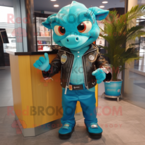 Turquoise Cod mascot costume character dressed with a Leather Jacket and Coin purses