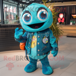 Turquoise Cod mascot costume character dressed with a Leather Jacket and Coin purses