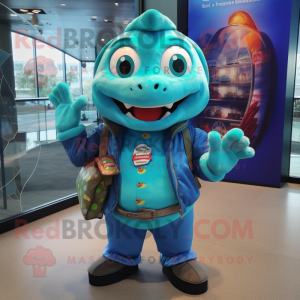 Turquoise Cod mascot costume character dressed with a Leather Jacket and Coin purses