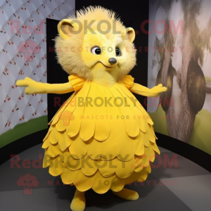 Yellow Hedgehog mascot costume character dressed with a Evening Gown and Foot pads