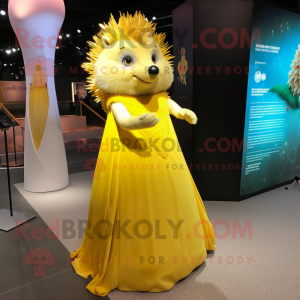 Yellow Hedgehog mascot costume character dressed with a Evening Gown and Foot pads