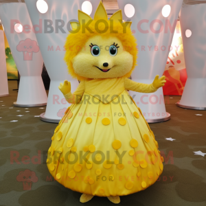 Yellow Hedgehog mascot costume character dressed with a Evening Gown and Foot pads