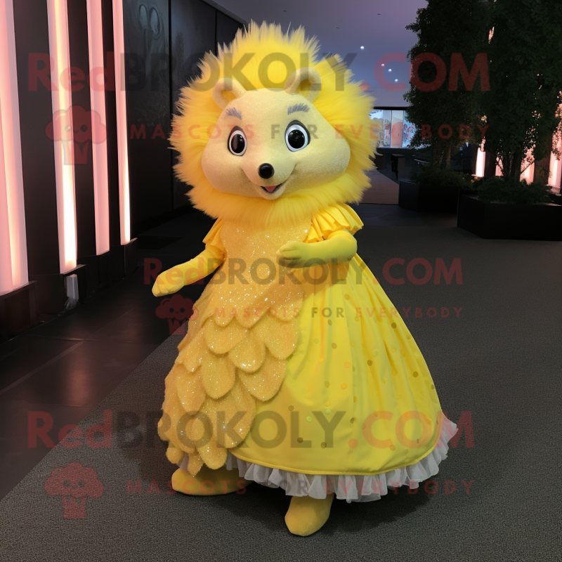 Yellow Hedgehog mascot costume character dressed with a Evening Gown and Foot pads