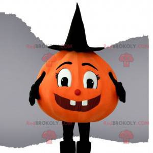 Bonita mascota de calabaza con su sombrero puntiagudo y negro -