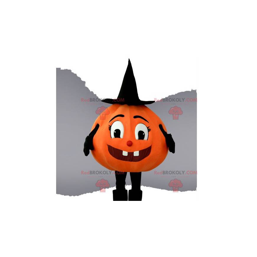 Pretty pumpkin mascot with its pointed and black hat -