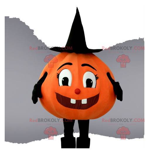 Pretty pumpkin mascot with its pointed and black hat -