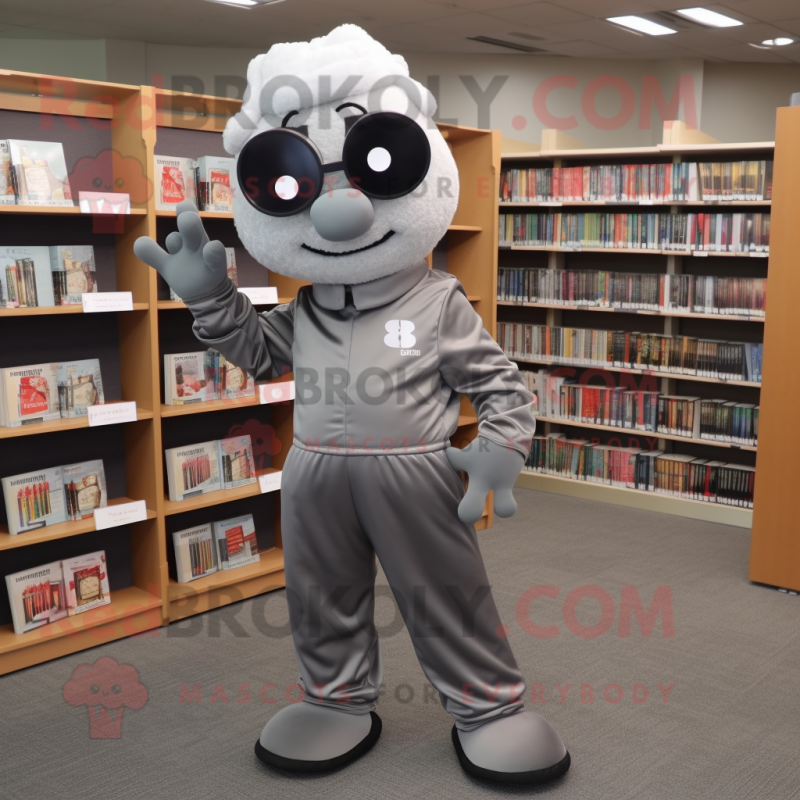 Gray Cherry mascot costume character dressed with a Jumpsuit and Reading glasses