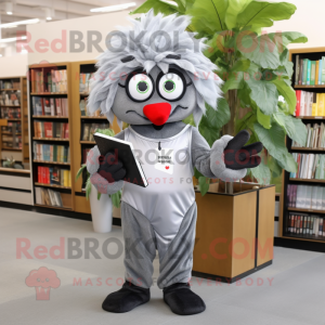 Gray Cherry mascot costume character dressed with a Jumpsuit and Reading glasses