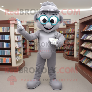 Gray Cherry mascot costume character dressed with a Jumpsuit and Reading glasses
