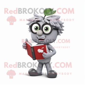 Gray Cherry mascot costume character dressed with a Jumpsuit and Reading glasses