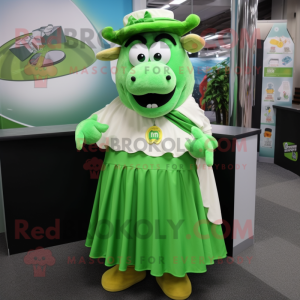 Green Beef Stroganoff mascot costume character dressed with a Maxi Skirt and Cufflinks