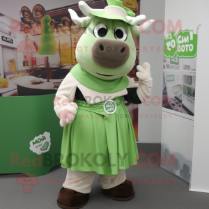 Green Beef Stroganoff mascot costume character dressed with a Maxi Skirt and Cufflinks