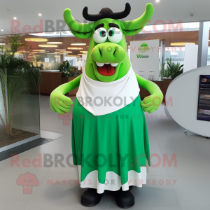 Green Beef Stroganoff mascot costume character dressed with a Maxi Skirt and Cufflinks