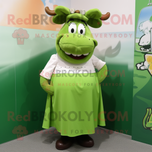 Green Beef Stroganoff mascot costume character dressed with a Maxi Skirt and Cufflinks