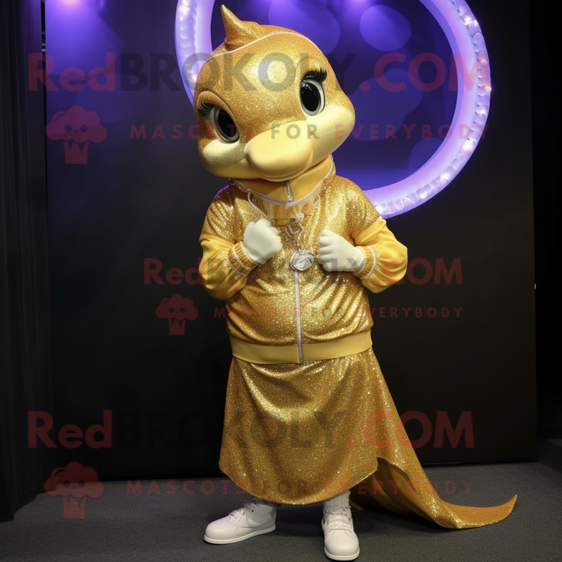Gold Dolphin mascot costume character dressed with a Mini Dress and Necklaces