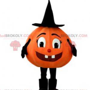 Pretty pumpkin mascot with its pointed and black hat -