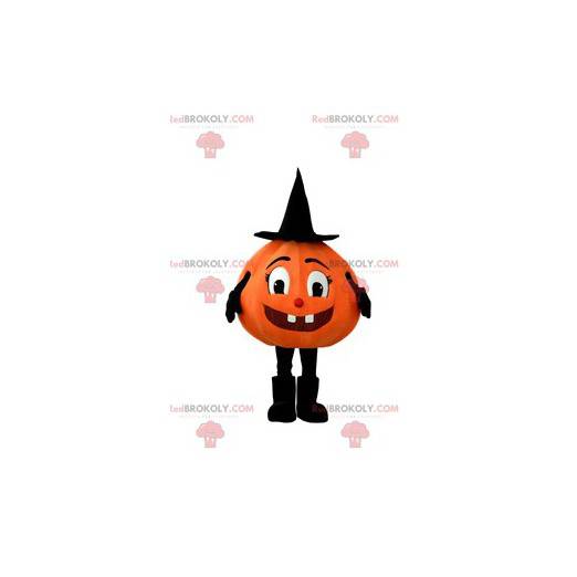 Pretty pumpkin mascot with its pointed and black hat -