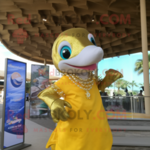 Gold Dolphin mascot costume character dressed with a Mini Dress and Necklaces