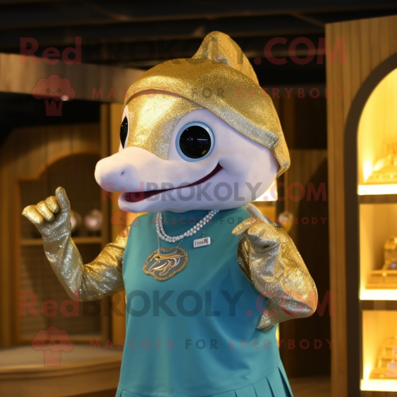 Gold Dolphin mascot costume character dressed with a Mini Dress and Necklaces