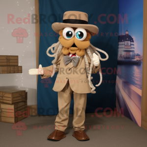 Tan Fried Calamari mascot costume character dressed with a Corduroy Pants and Bow ties