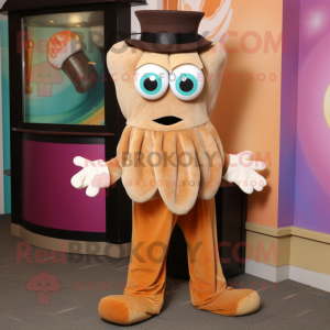 Tan Fried Calamari mascot costume character dressed with a Corduroy Pants and Bow ties