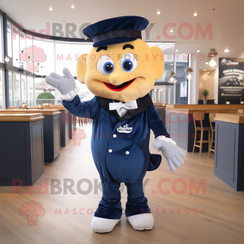 Navy Fish And Chips mascot costume character dressed with a Dungarees and Bow ties