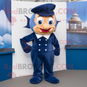 Navy Fish And Chips mascot costume character dressed with a Dungarees and Bow ties