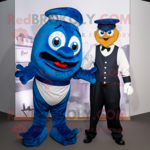 Navy Fish And Chips mascot costume character dressed with a Dungarees and Bow ties