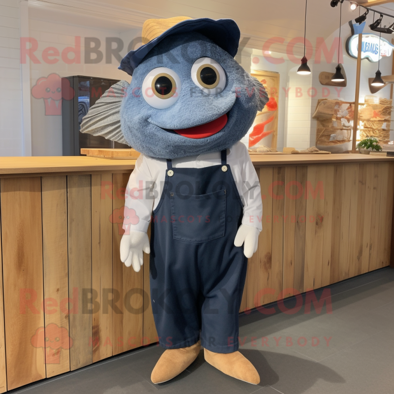 Navy Fish And Chips mascot costume character dressed with a Dungarees and Bow ties