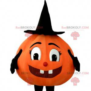 Pretty pumpkin mascot with its pointed and black hat -