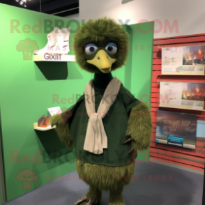 Green Emu mascot costume character dressed with a Oxford Shirt and Shawls