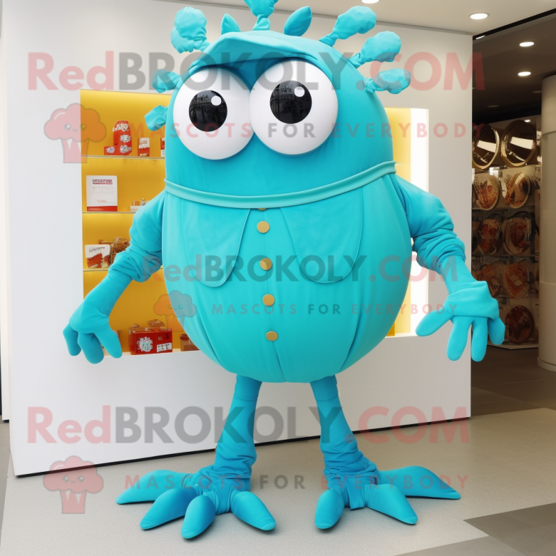 Turquoise Crab Cakes mascot costume character dressed with a Flare Jeans and Brooches