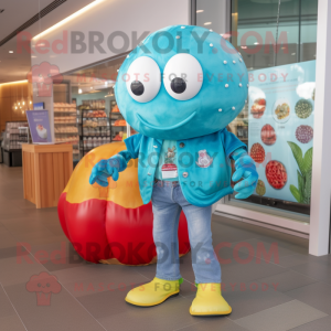 Turquoise Crab Cakes mascot costume character dressed with a Flare Jeans and Brooches
