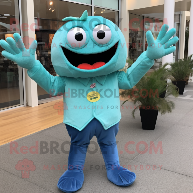 Turquoise Crab Cakes mascot costume character dressed with a Flare Jeans and Brooches