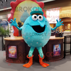Turquoise Crab Cakes mascot costume character dressed with a Flare Jeans and Brooches
