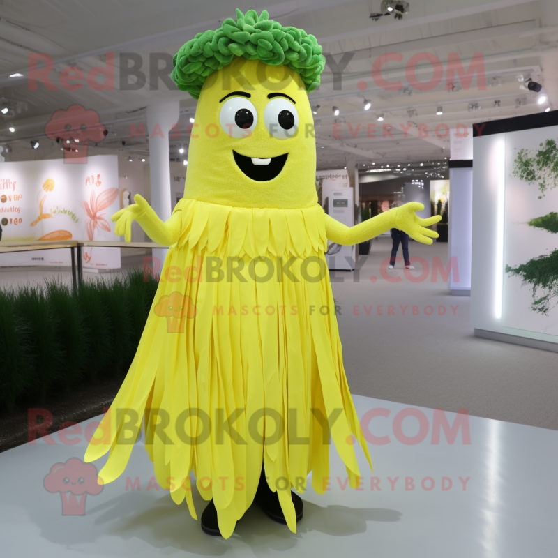 Yellow Celery mascot costume character dressed with a Pleated Skirt and Necklaces