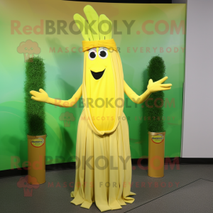 Yellow Celery mascot costume character dressed with a Pleated Skirt and Necklaces