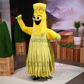 Yellow Celery mascot costume character dressed with a Pleated Skirt and Necklaces