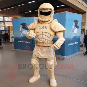Cream Spartan Soldier mascot costume character dressed with a Bodysuit and Scarf clips