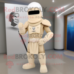 Cream Spartan Soldier mascot costume character dressed with a Bodysuit and Scarf clips