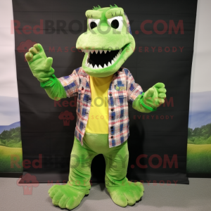 Lime Green Crocodile mascot costume character dressed with a Flannel Shirt and Bracelets