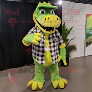Lime Green Crocodile mascot costume character dressed with a Flannel Shirt and Bracelets