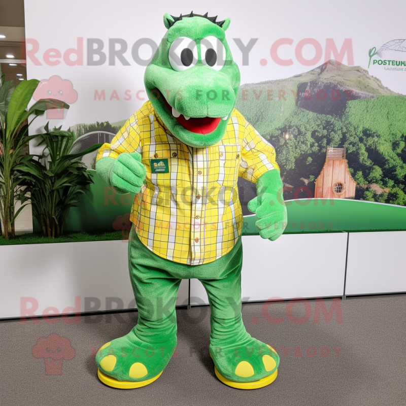 Lime Green Crocodile mascot costume character dressed with a Flannel Shirt and Bracelets