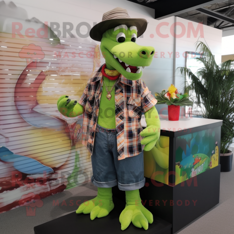 Lime Green Crocodile mascot costume character dressed with a Flannel Shirt and Bracelets