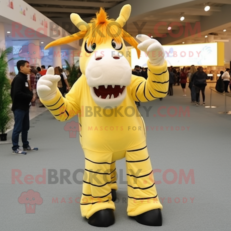 Yellow Quagga mascot costume character dressed with a Skinny Jeans and Hair clips Yellow Quagga mascot costume character dressed with a Skinny Jeans and Hair clips