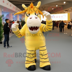 Yellow Quagga mascot costume character dressed with a Skinny Jeans and Hair clips