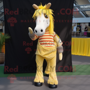 Yellow Quagga mascot costume character dressed with a Skinny Jeans and Hair clips