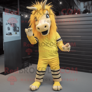 Yellow Quagga mascot costume character dressed with a Skinny Jeans and Hair clips